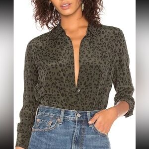 Rails Kate Olive Cheetah Print 100% Silk Button Down Shirt Women's Size Small